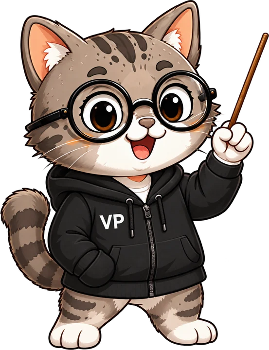 VP cat mascot in a black hoodie, pointing with a stick
